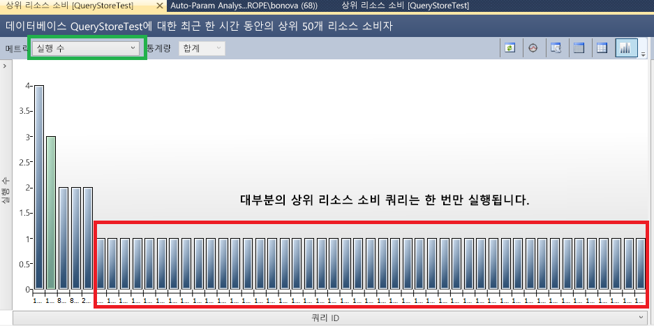 실행 횟수로 필터링된 상위 리소스 사용 쿼리의 스크린샷.