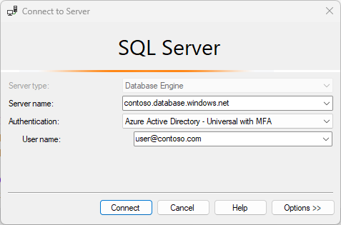 MFA 인증 유형을 보여 주는 SQL Server Managed Studio 대화 상자의 스크린샷.