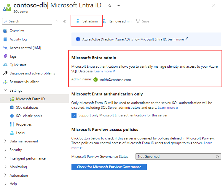 Microsoft Entra 관리자를 구성할 위치를 보여 주는 Azure SQL Database용 Azure Portal의 SQL Server 페이지 스크린샷
