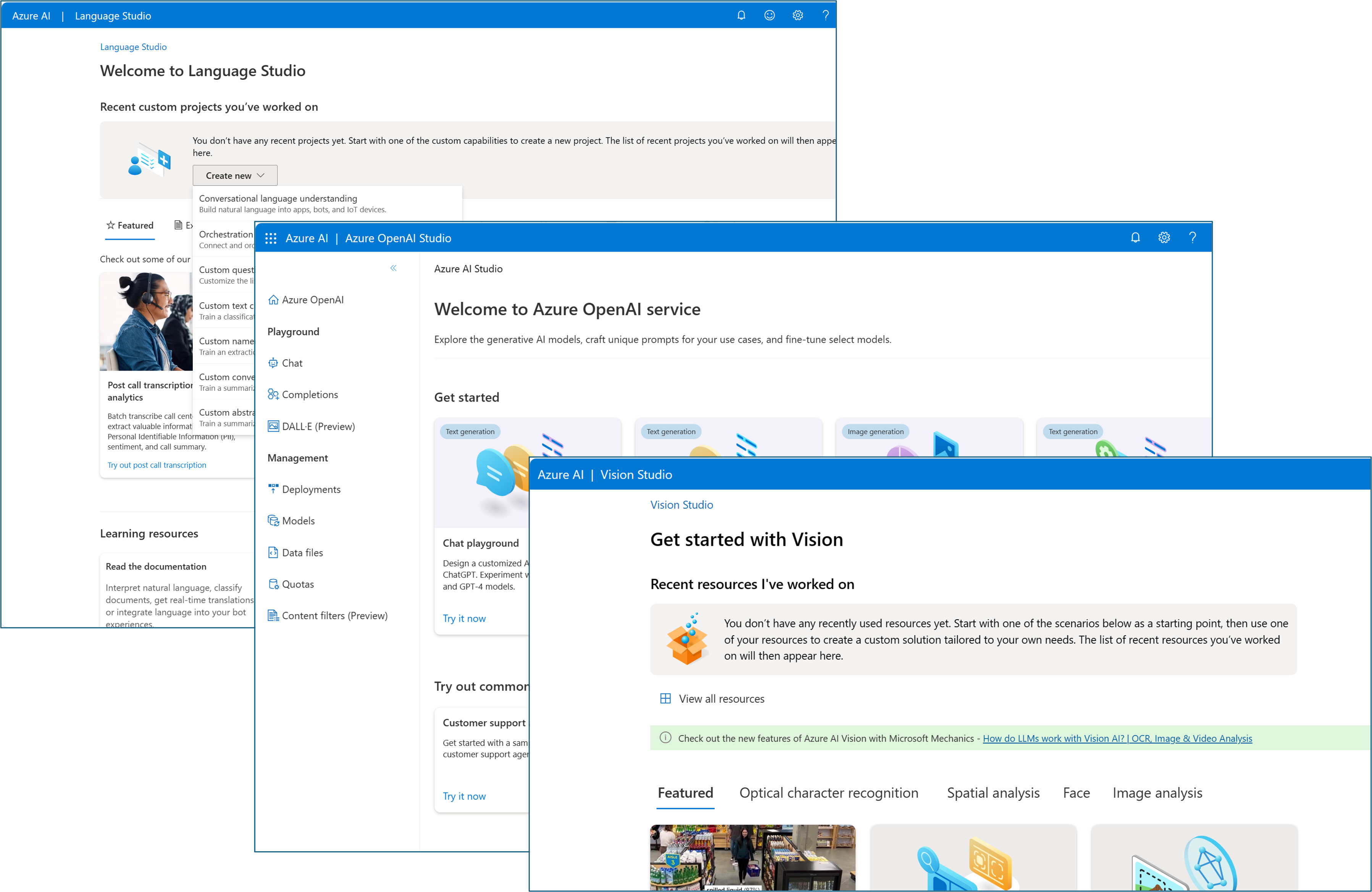 Screenshot of several examples of Azure studios including Azure Language Studio, Azure OpenAI Studio, and Azure Vision Studio.
