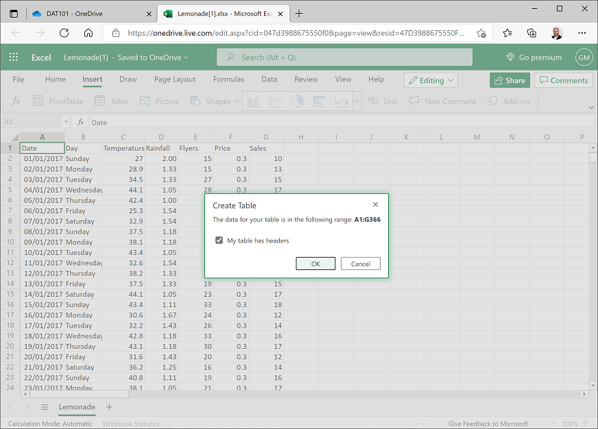 Screenshot of creating a table in Excel.