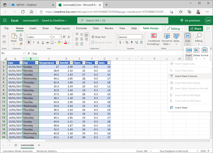 Screenshot of the Insert Sheet Columns menu option with Insert selected.