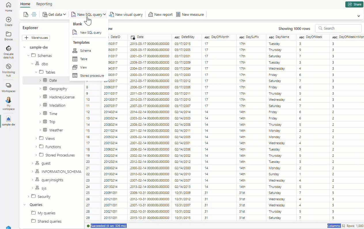 Microsoft Fabric에서 데이터 웨어하우스에 대한 쿼리를 실행하는 방법을 보여 주는 애니메이션 GIF입니다.