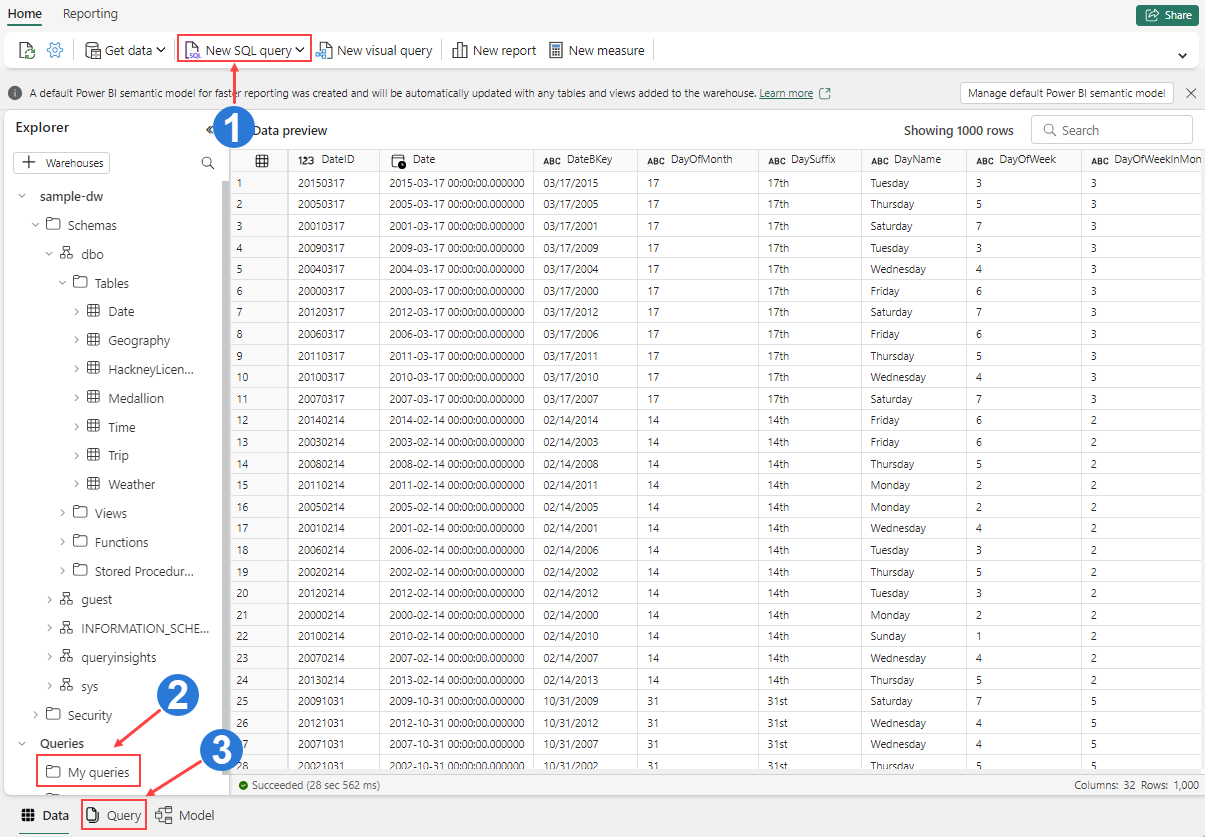 Microsoft Fabric에서 데이터 웨어하우스에 대한 새 SQL 편집기를 호출하는 방법을 보여 주는 스크린샷