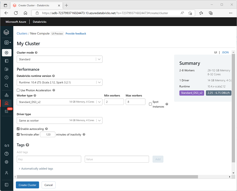 Screenshot of the Create Cluster interface in the Azure Databricks portal.