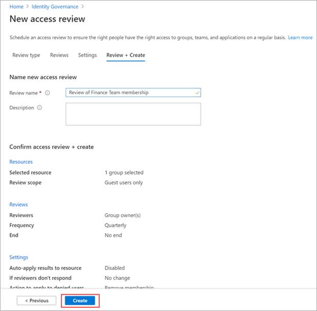 Screenshot of the create review screen. Overview of the access review that has just finished creation.