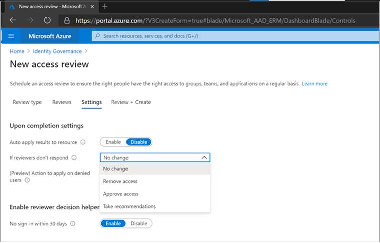 Screenshot of the Create an access review - upon completion settings.