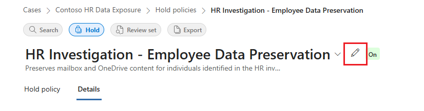 eDiscovery 보류에 대한 설명을 편집할 수 있는 연필 아이콘의 위치를 보여주는 스크린샷.