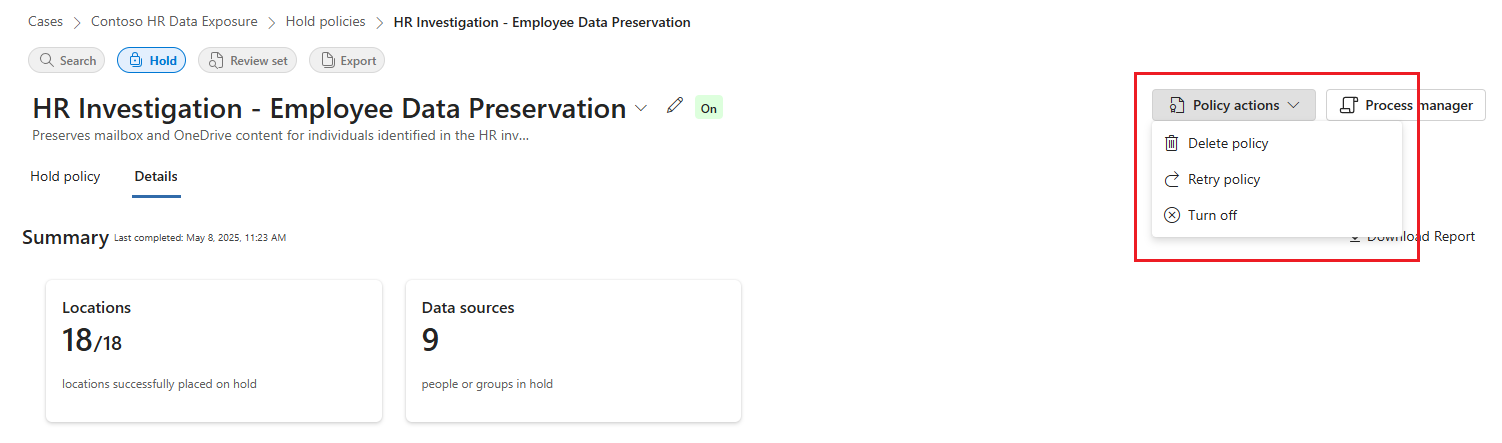 eDiscovery 보류의 정책 작업 드롭다운 메뉴를 보여 주는 스크린샷