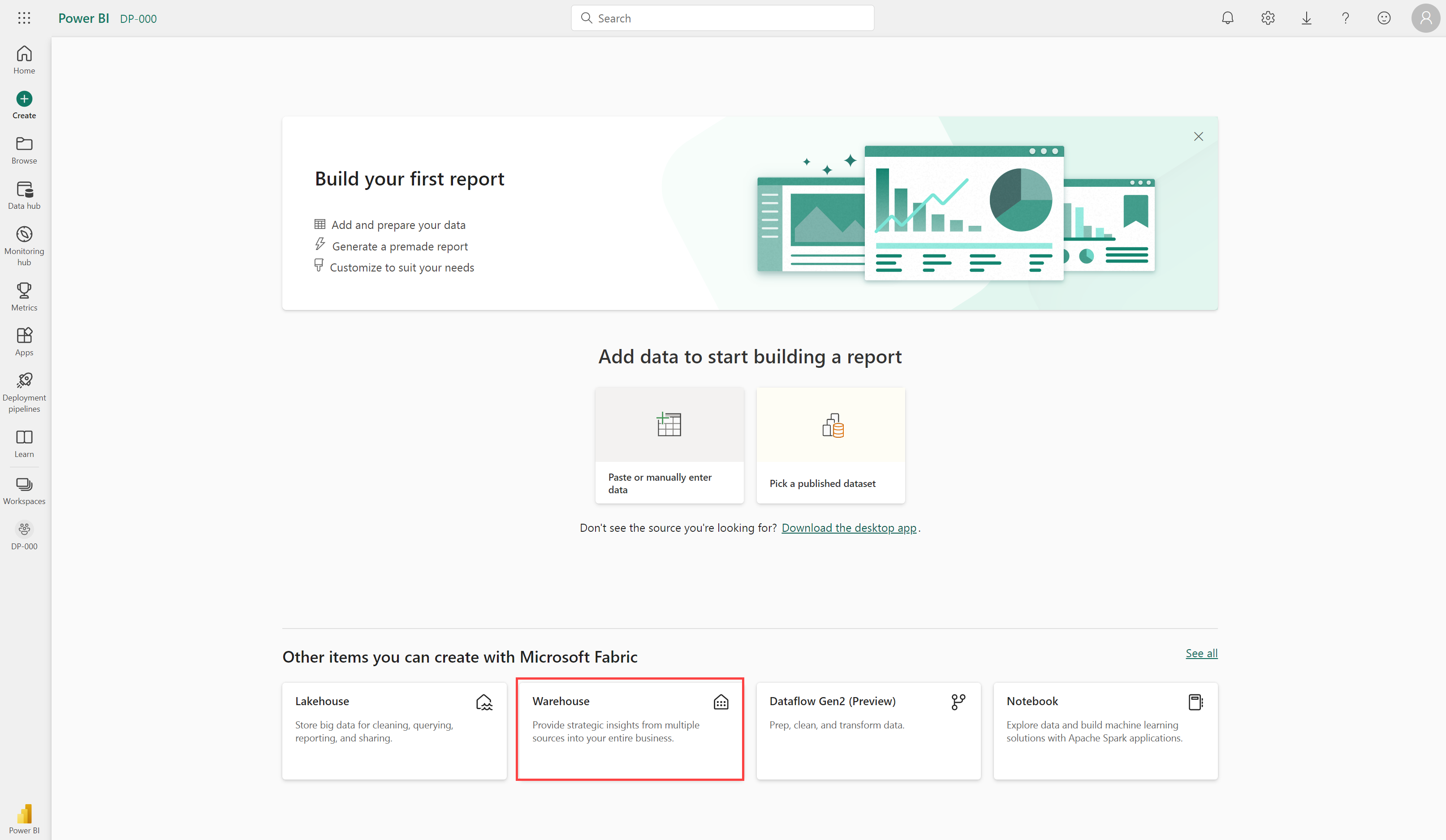 화살표가 허브 만들기를 가리키는 Fabric UI 스크린샷