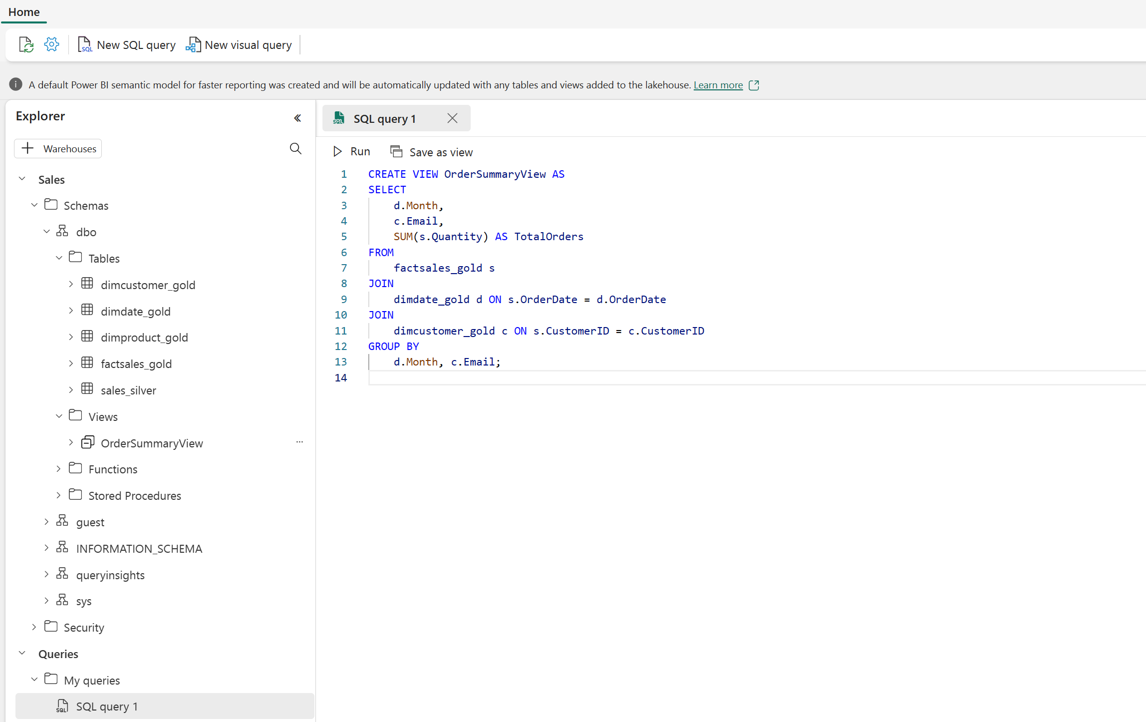 Screenshot of the SQL Query Editor displaying a T-SQL query creating a view.