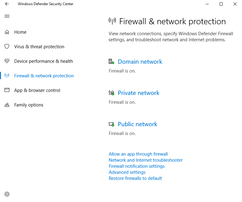 Windows Defender 보안 센터, 방화벽, 네트워크 보호의 스크린샷.