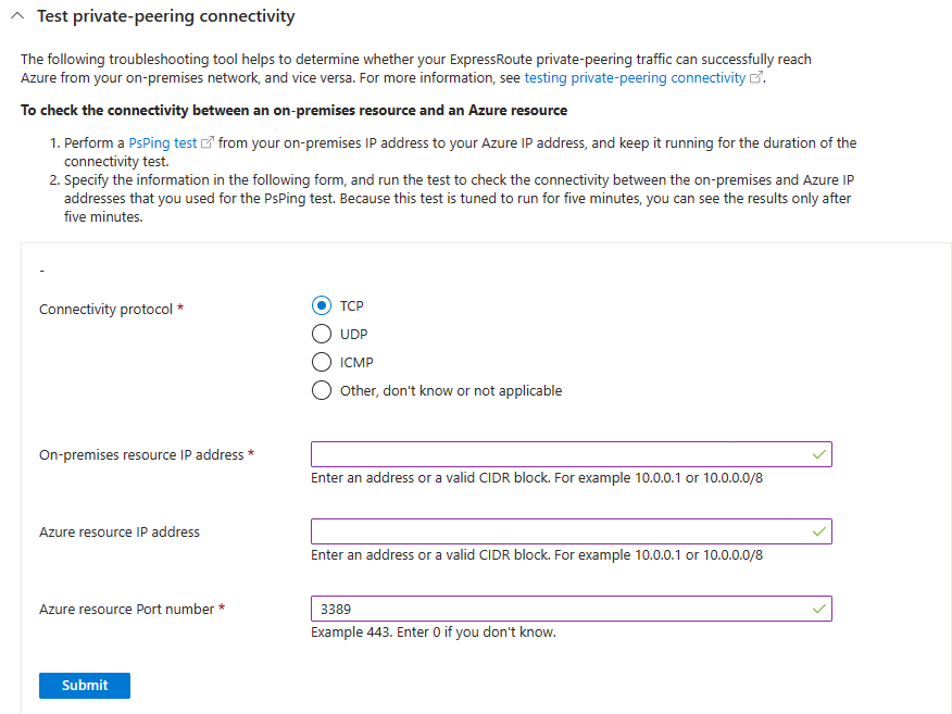 Azure Portal 진단에서 프라이빗 피어링 연결 테스트 양식의 스크린샷.
