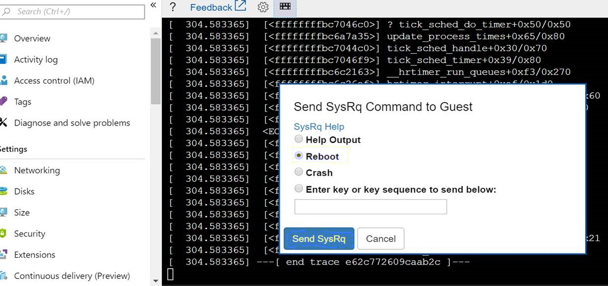 SysRq 명령을 게스트로 보내기 대화 상자의 다시 부팅 옵션 스크린샷