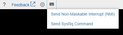 Azure 직렬 콘솔의 스크린샷. 키보드 아이콘이 강조 표시되고 해당 메뉴가 표시됩니다. 해당 메뉴에는 SysRq 명령 보내기 항목이 포함되어 있습니다.