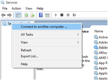 서비스(로컬)의 오른쪽 클릭 메뉴에 있는 다른 컴퓨터에 연결 옵션의 스크린샷