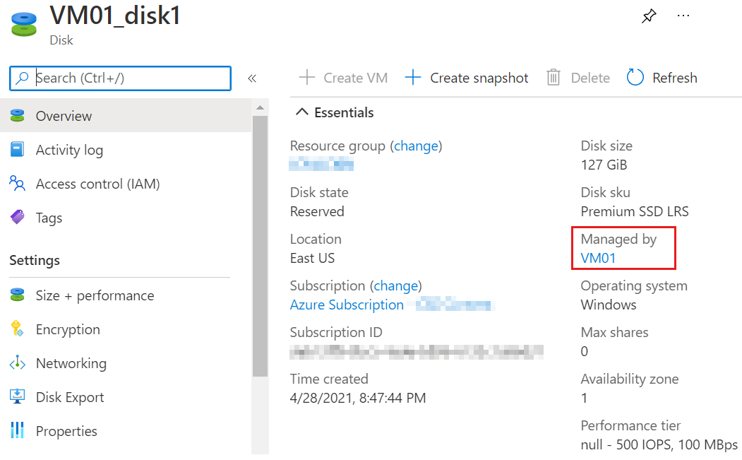 디스크가 V M에서 관리됨을 나타내는 Azure Portal 디스크에 대한 개요 블레이드의 스크린샷