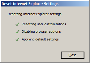Internet Explorer 기본 설정 복원 출력의 스크린샷.