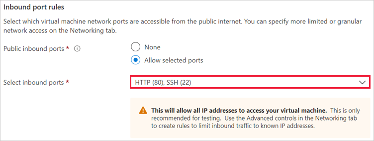 인바운드 포트 규칙의 스크린샷.