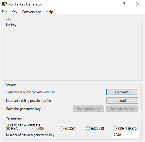 putty 키 생성기의 스크린샷.