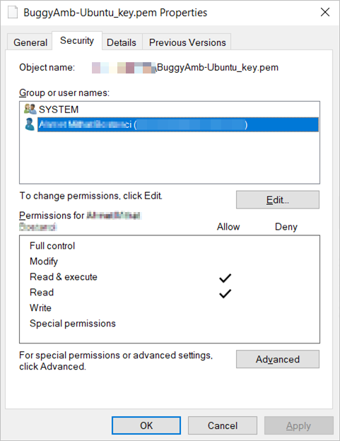 pem 속성의 보안 탭 스크린샷