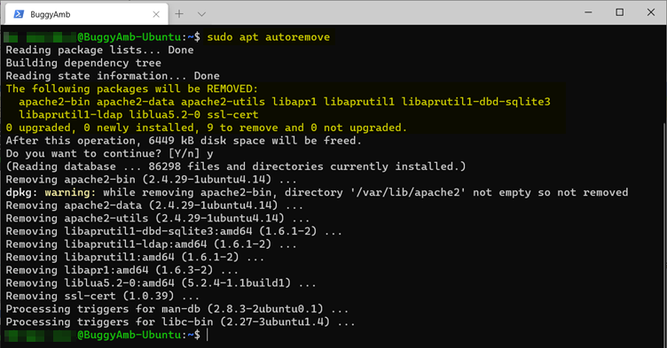 sudo apt autoremove 명령의 스크린샷