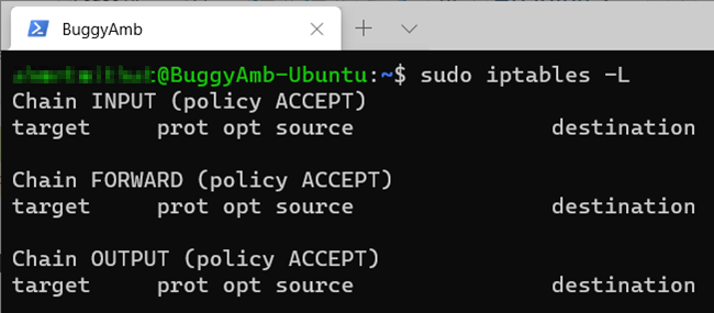 sudo iptables 명령의 스크린샷.