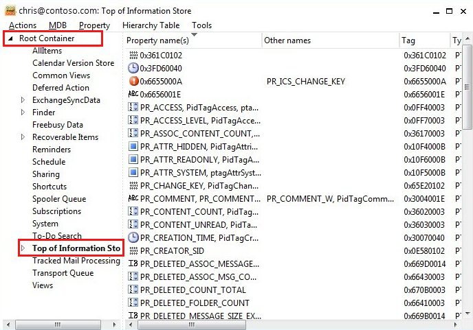 Top of Information Store의 창 스크린샷.