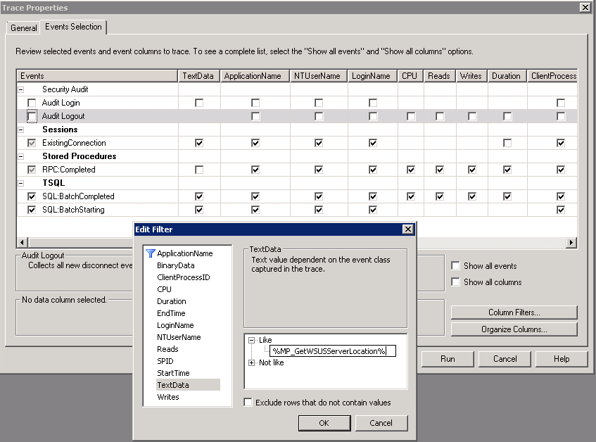 스크린샷은 MP_GetWSUSServerLocation 호출할 SQL Server Profiler 구성을 보여줍니다.