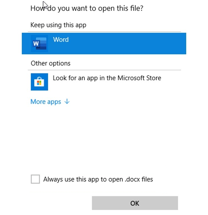 이 앱을 항상 사용하여 .docx 파일 확인란을 여는 스크린샷