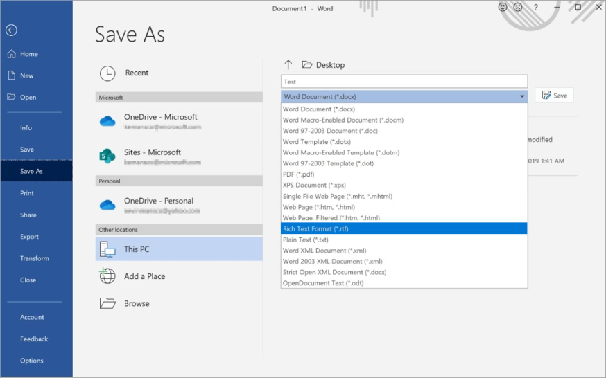다른 이름으로 저장 옵션의 스크린샷