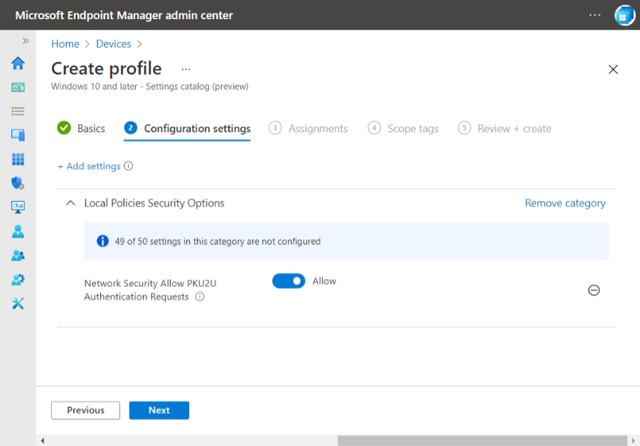 허용으로 설정된 네트워크 보안 PKU2U 인증 요청 허용 옵션을 보여 주는 스크린샷.