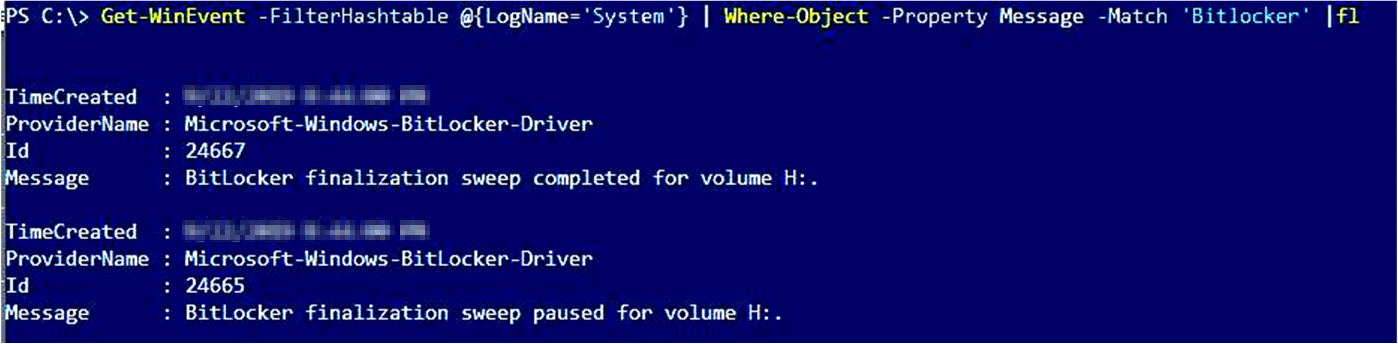 Get-WinEvent 및 BitLocker 필터를 사용하여 생성되는 출력의 스크린샷