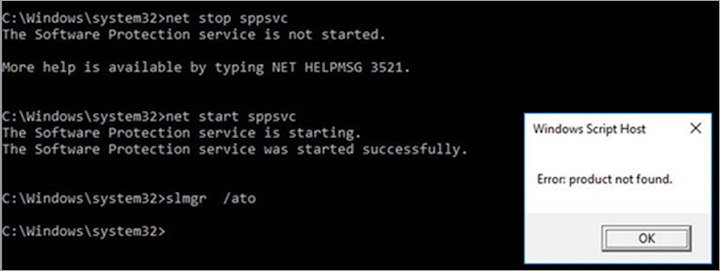 net stop 및 net start 명령의 결과를 보여 주는 스크린샷