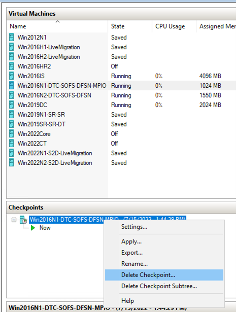 상황에 맞는 메뉴에 검사점 삭제 명령이 포함된 Hyper-V 관리자의 검사점 스크린샷