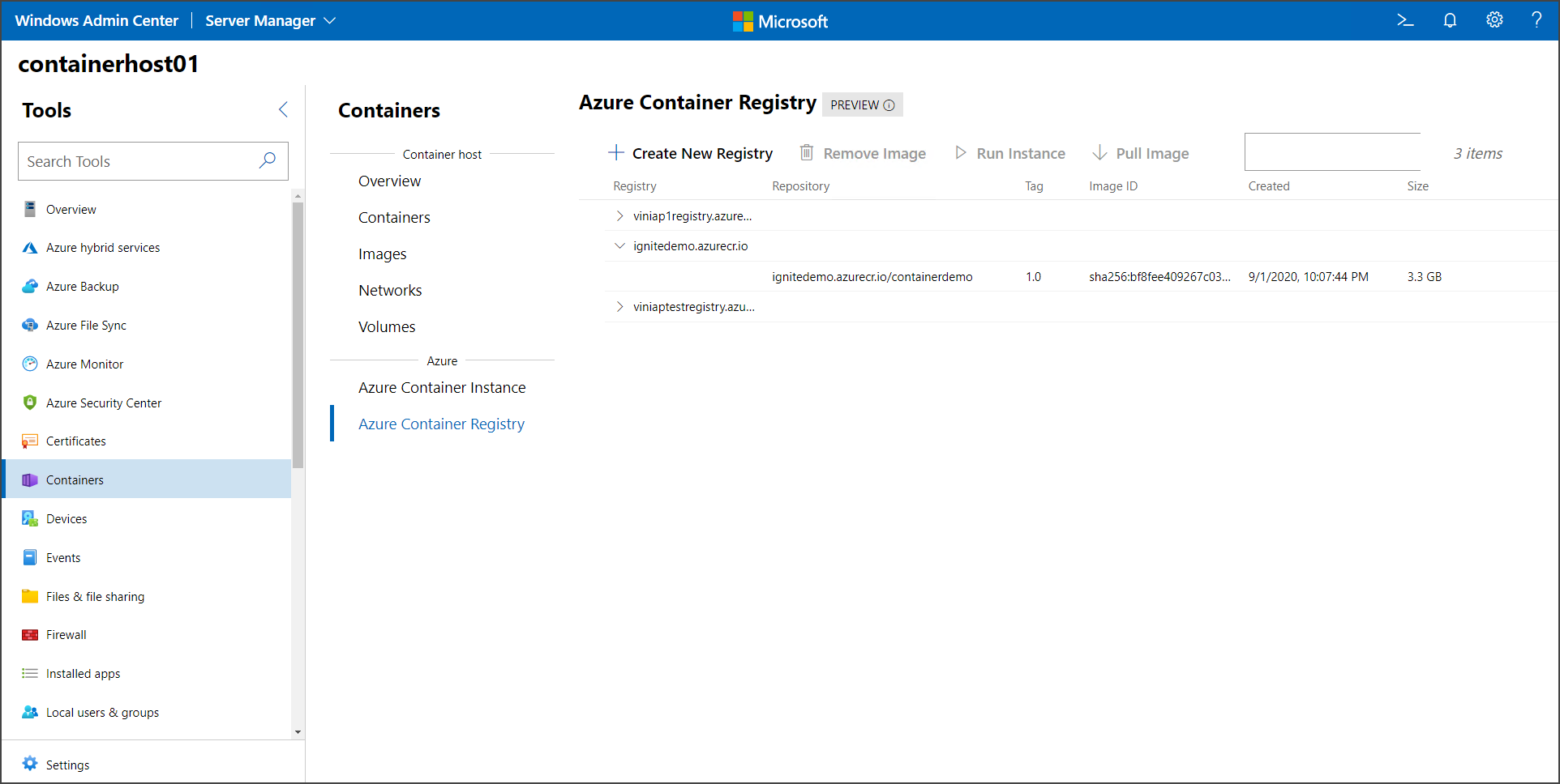 Azure Container Registry 탭
