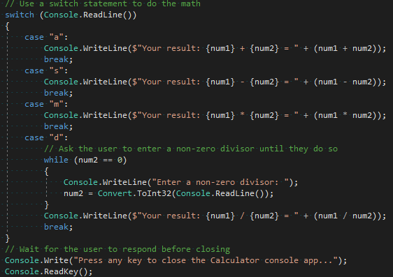 Visual Studio Code 편집기에서 수정된 스위치 섹션을 보여 주는 스크린샷