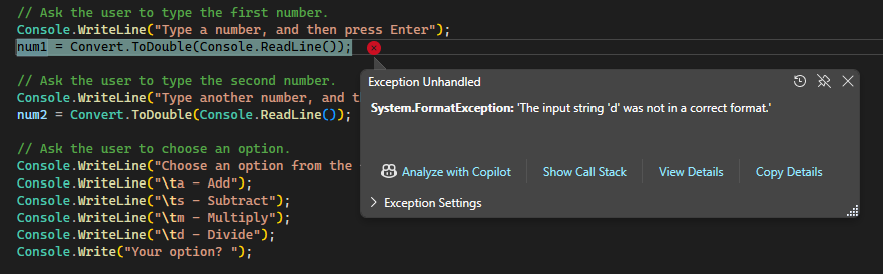 Visual Studio Code 편집기에서 처리되지 않은 형식 오류를 보여 주는 스크린샷