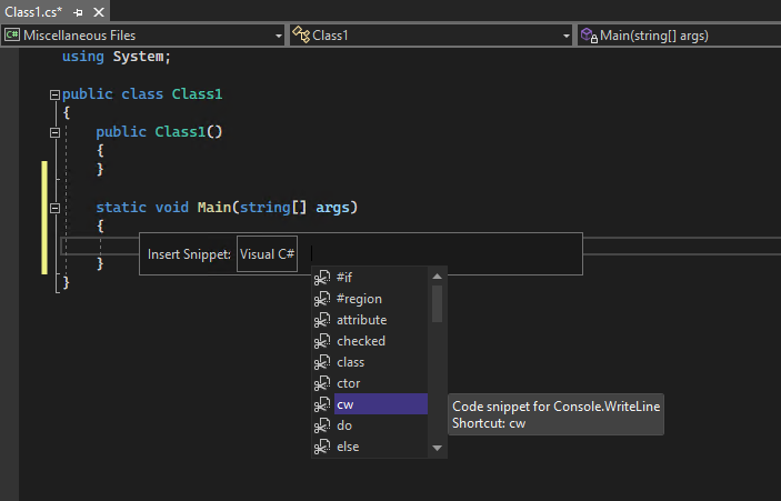 C# 코드 조각 목록에 대한 IntelliSense 팝업 스크린샷