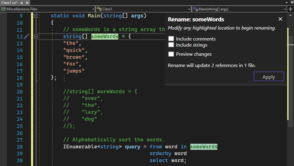 Visual Studio 2022 편집기 내의 이름 바꾸기 팝업 상자 스크린샷