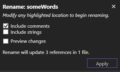 Visual Studio 2022의 이름 바꾸기 팝업 상자 스크린샷
