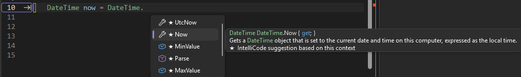 IntelliSense 멤버 목록을 보여 주는 스크린샷
