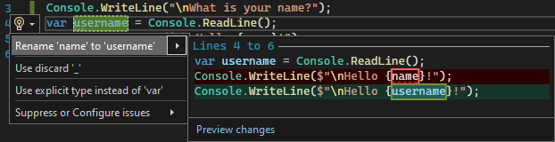 Visual Studio 2022에서 이름 바꾸기 동작을 보여 주는 스크린샷