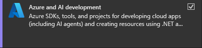 Visual Studio Installer에서 선택된 Azure 및 AI 개발 워크로드의 스크린샷.