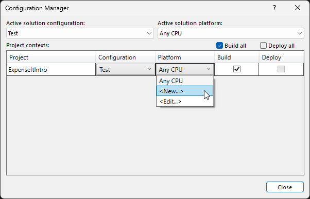 Configuration Manager에서 새 프로젝트 플랫폼 만들기를 보여 주는 스크린샷