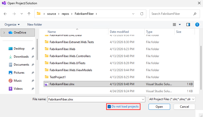 프로젝트 로드하지 않기가 선택된 Visual Studio 'Project 열기' 대화 상자의 스크린샷.