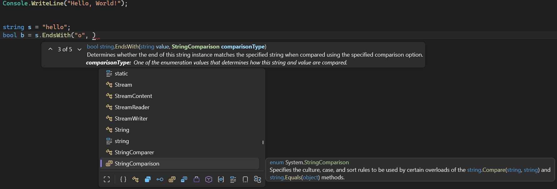 IntelliSense 빠른 정보 및 매개 변수 정보 기능의 스크린샷