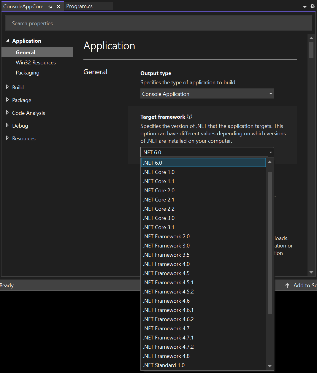 Visual Studio 2022의 .NET 프로젝트에 대한 대상 프레임워크 버전의 스크린샷