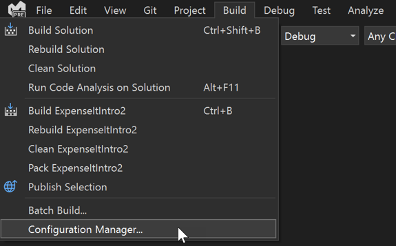 빌드 메뉴 Configuration Manager 명령의 스크린샷.