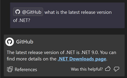 코필로트 채팅에서 GitHub 기술을 사용하는 스크린샷